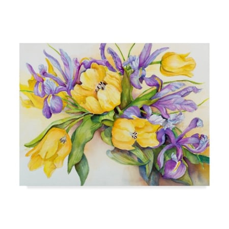 Joanne Porter 'Yellow Tulips With Blue Iris' Canvas Art,35x47